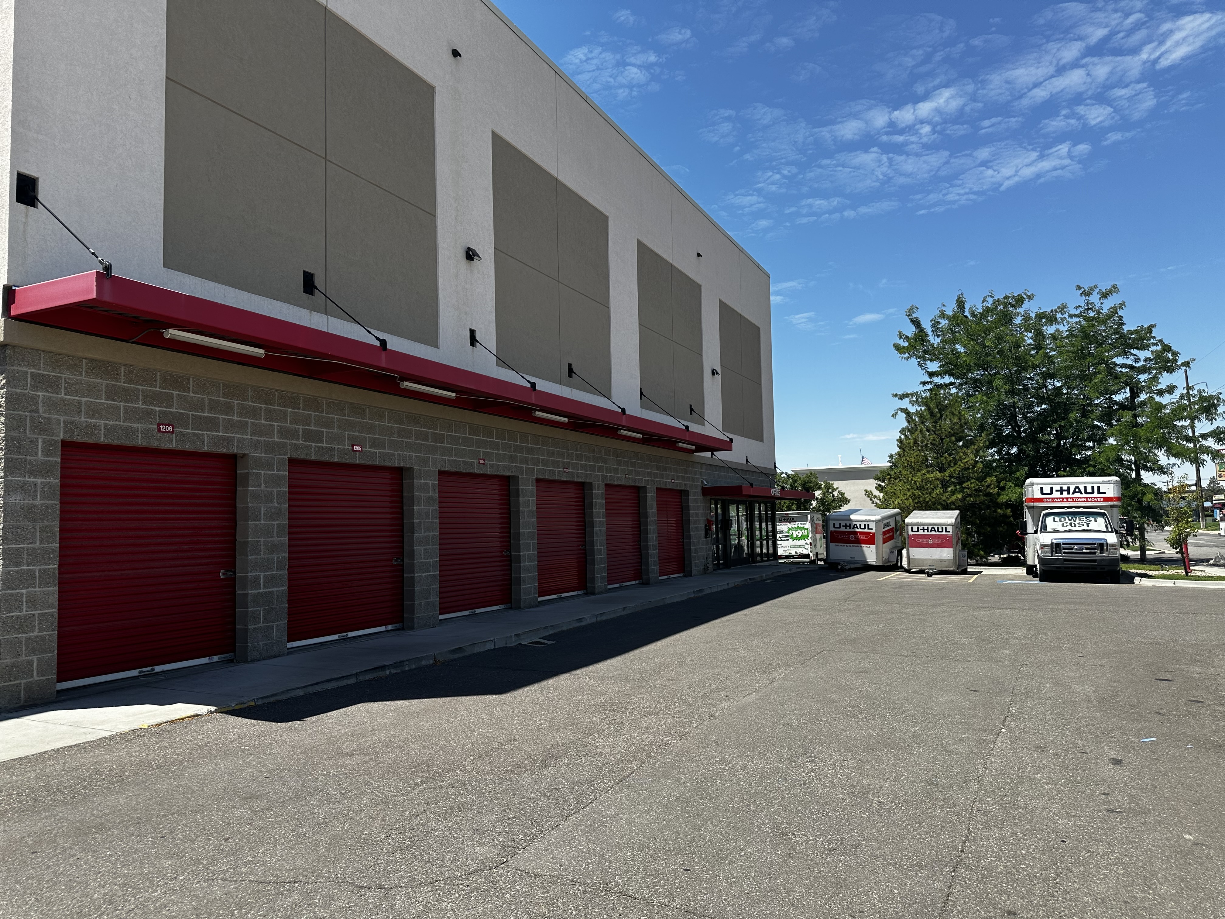 Drive-up units and office exterior at Pro Storage Layton